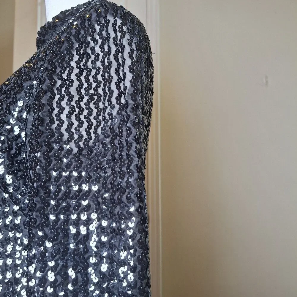 Vintage Union 70s Black Sequin Evening Gown US12 Hollywood Red Carpet Black Tie